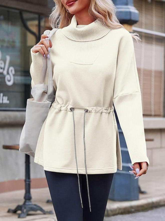 Fisoew Women's Turtleneck Sweatshirts Fleece Drawstring Waist Casual Long Sleeve Pullover Side Sl... | Amazon (US)