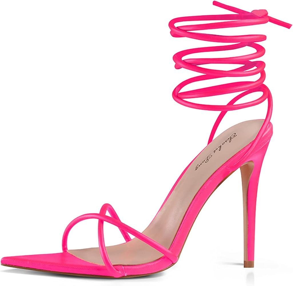 Elisabet Tang Heeled Sandals, Women's Sexy Strappy 4.3 inch Stilettos High Heels Lace Up Heeled Sand | Amazon (US)