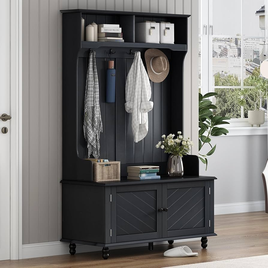 Merax Hall Tree with Shoe Storage Bench for Entryway, 3-in-1 Coat Rack with 4 Hooks and Cabinets ... | Amazon (US)