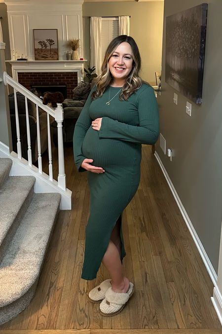 The perfect, comfy, maternity holiday outfit! Stretchy long dress comes in a few great fall/holiday colors. Wearing a size L. I need more colors! 40% off with code BLACKFRIDAY 💚

Comfiest Ugg slippers have lasted me two years so far. Wearing a size 8, I'm normally 8.5 in shoes  

#LTKHoliday #LTKbump #LTKCyberWeek