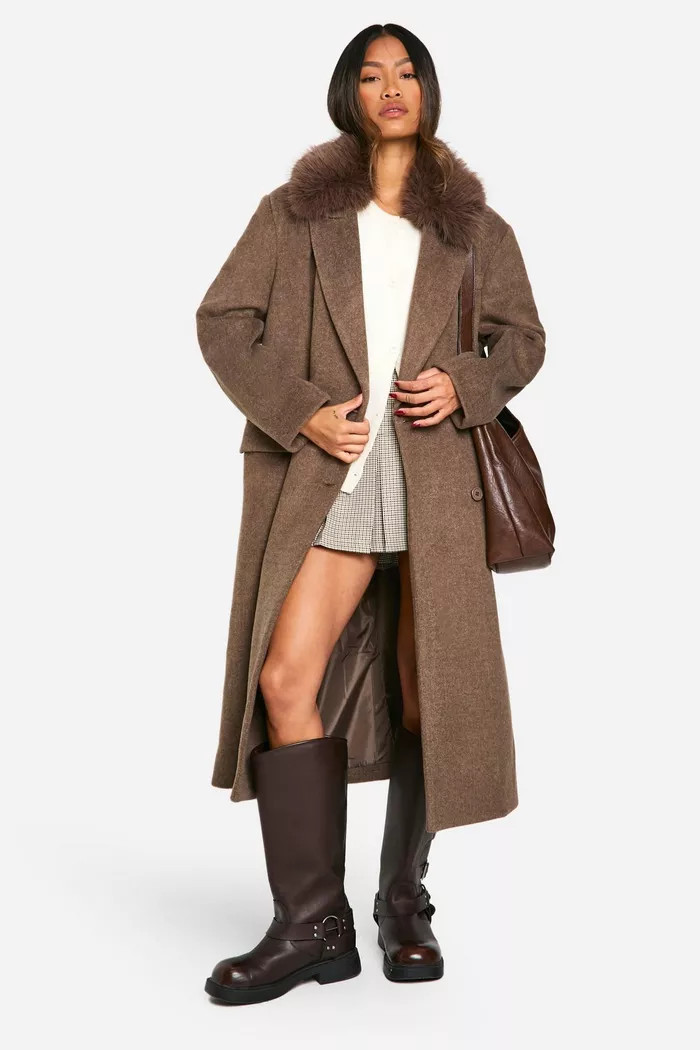 Faux Fur Trim Oversized Double Breasted Wool Look Coat | Boohoo.com (UK & IE)