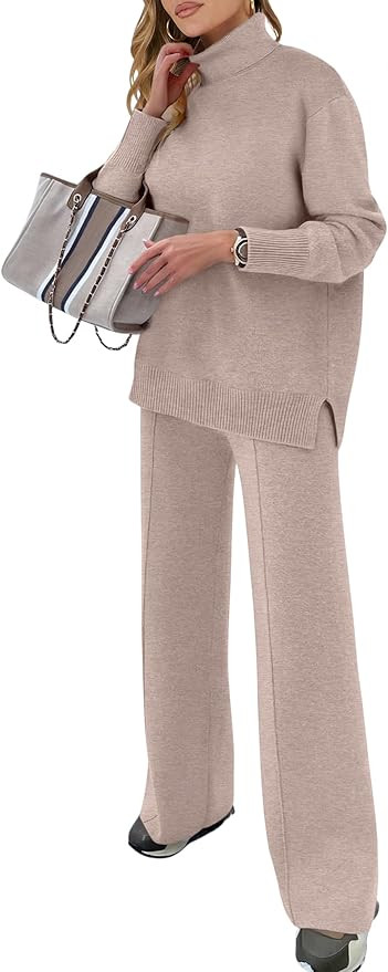 ANRABESS Womens 2 Piece Outfits Sweater Sets Loose Turtlenck Knit Pullover Top Wide Leg Pants 202... | Amazon (US)