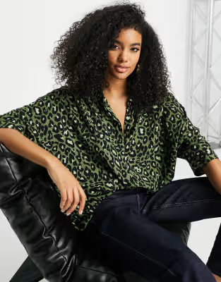 ASOS DESIGN oversized long sleeve shirt in green leopard print | ASOS (Global)