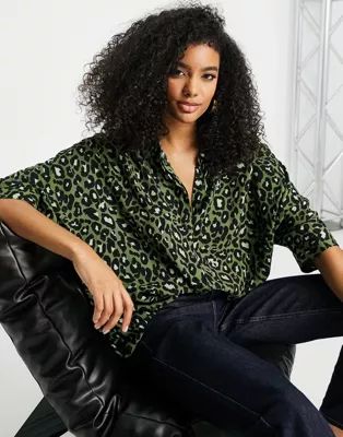 ASOS DESIGN oversized long sleeve shirt in green leopard print | ASOS (Global)