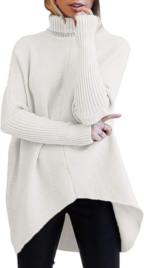 Boncasa Womens Pullover Sweaters Turtleneck Long Batwing Sleeve Oversized High Low Asymmetric Hem... | Amazon (US)