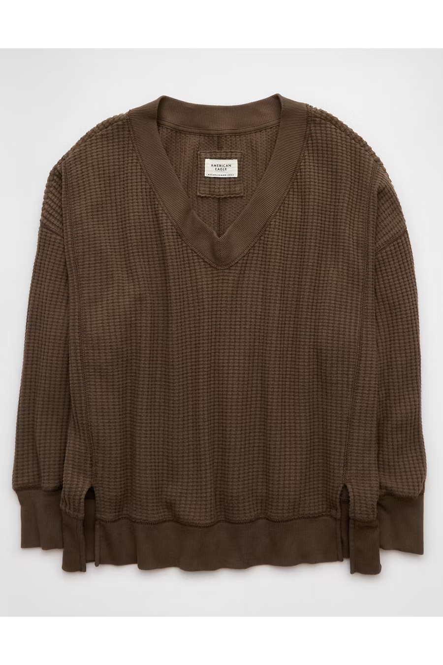 AE Big Hug V-Neck Waffle Sweatshirt Women's Brown S | American Eagle Outfitters (US & CA)