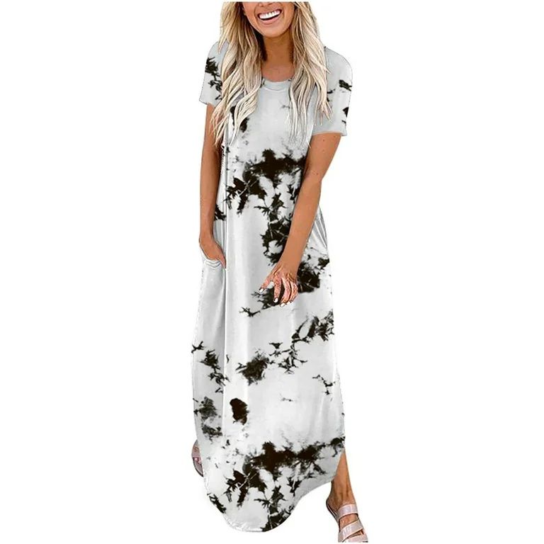 Summer Dresses for Womens Tie Dye Print Sundress Casual Loose Beach Maxi Long Dress Split Pockets... | Walmart (US)