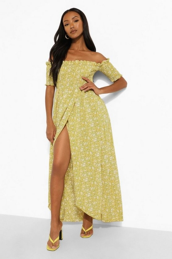 Petite Ditsy Shirred Wrap Front Maxi Dress | Boohoo.com (US & CA)