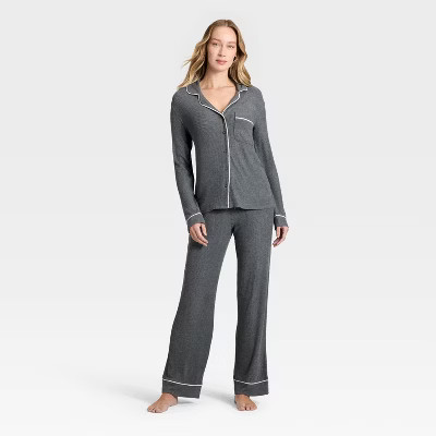 Women's Cozy Ribbed Notch Collar Long Sleeve Shirt and Pants Pajama Set - Auden™ Dark Gray XL | Target