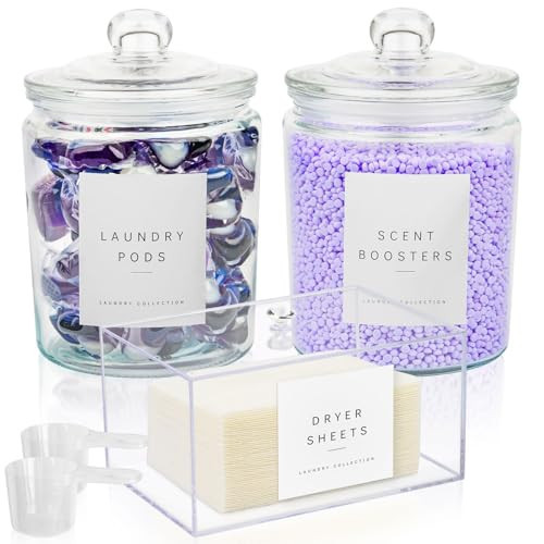 Glass Laundry Room Organization and Storage Set with Pods Holder, Detergent Container, Fabric Softener, Scent Booster Dryer Balls Acrylic Dryer Sheet Holder 2 Half Gallon Glass Jars Labels (3) | Amazon (US)