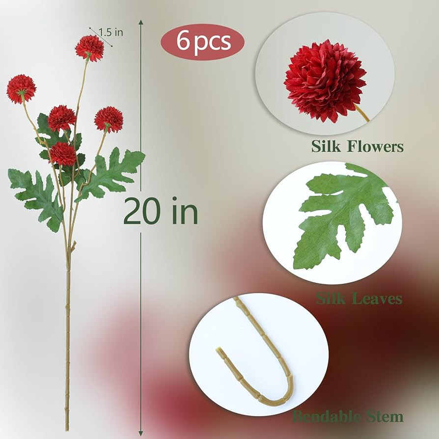 mizii 6Pcs Red Fake Silk Pompon Mum Artificial Flowers Bulk Small Faux Chrysanthemums with Stems ... | Amazon (US)