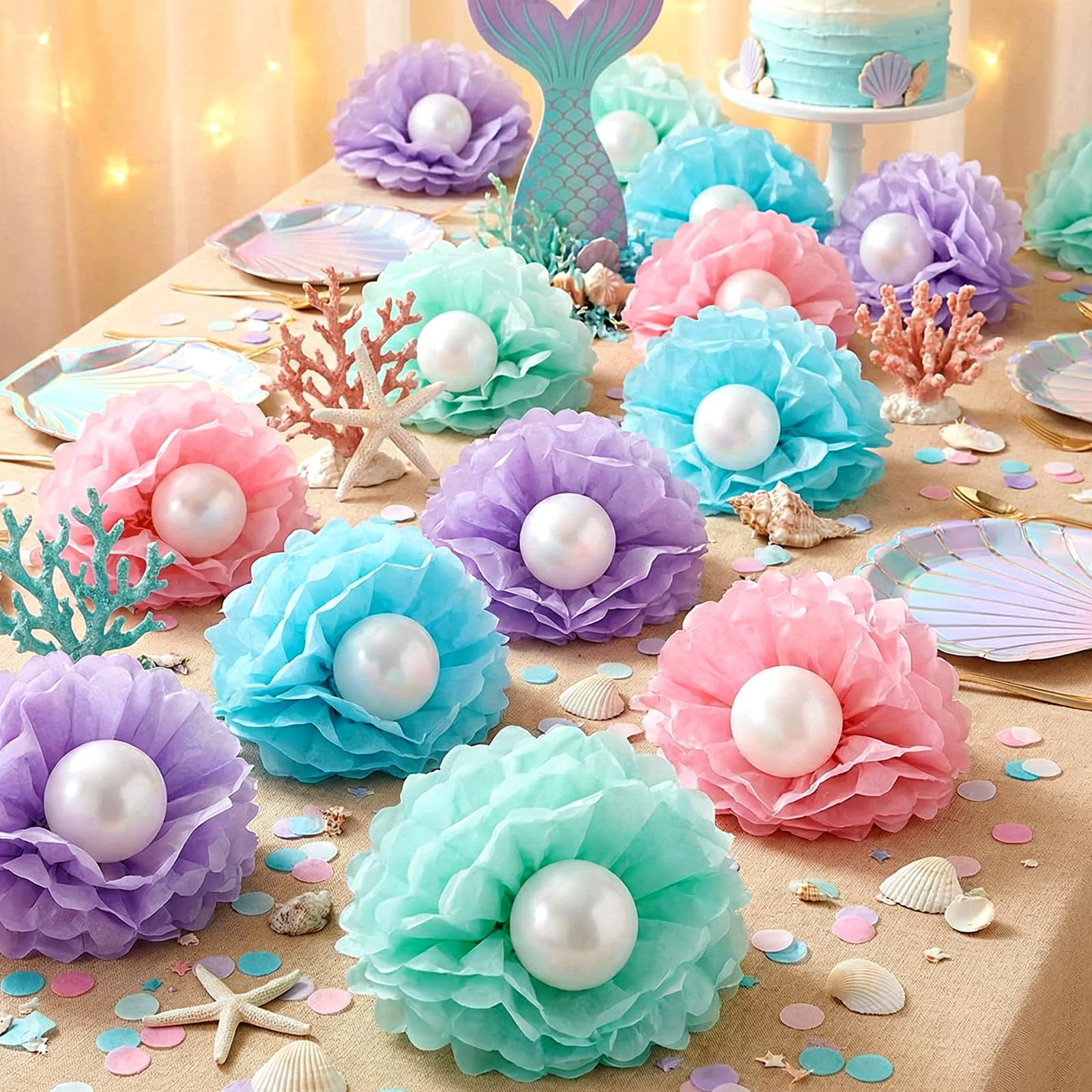 48 Pcs Mermaid Shell Party Decorations Include Pastel Tissue Paper Pom Poms and Pearl White Ballo... | Amazon (US)