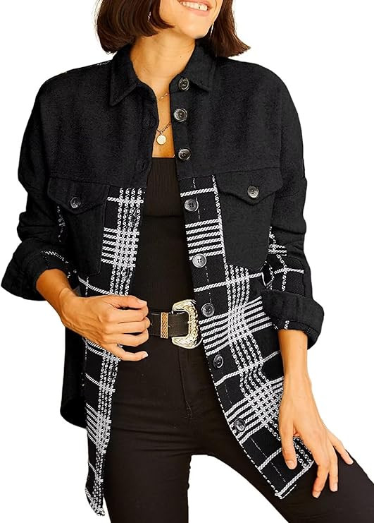Astylish Women 2024 Fashion Long Sleeve Shacket Jacket Button Down Plaid Shirts with Pocket | Amazon (US)