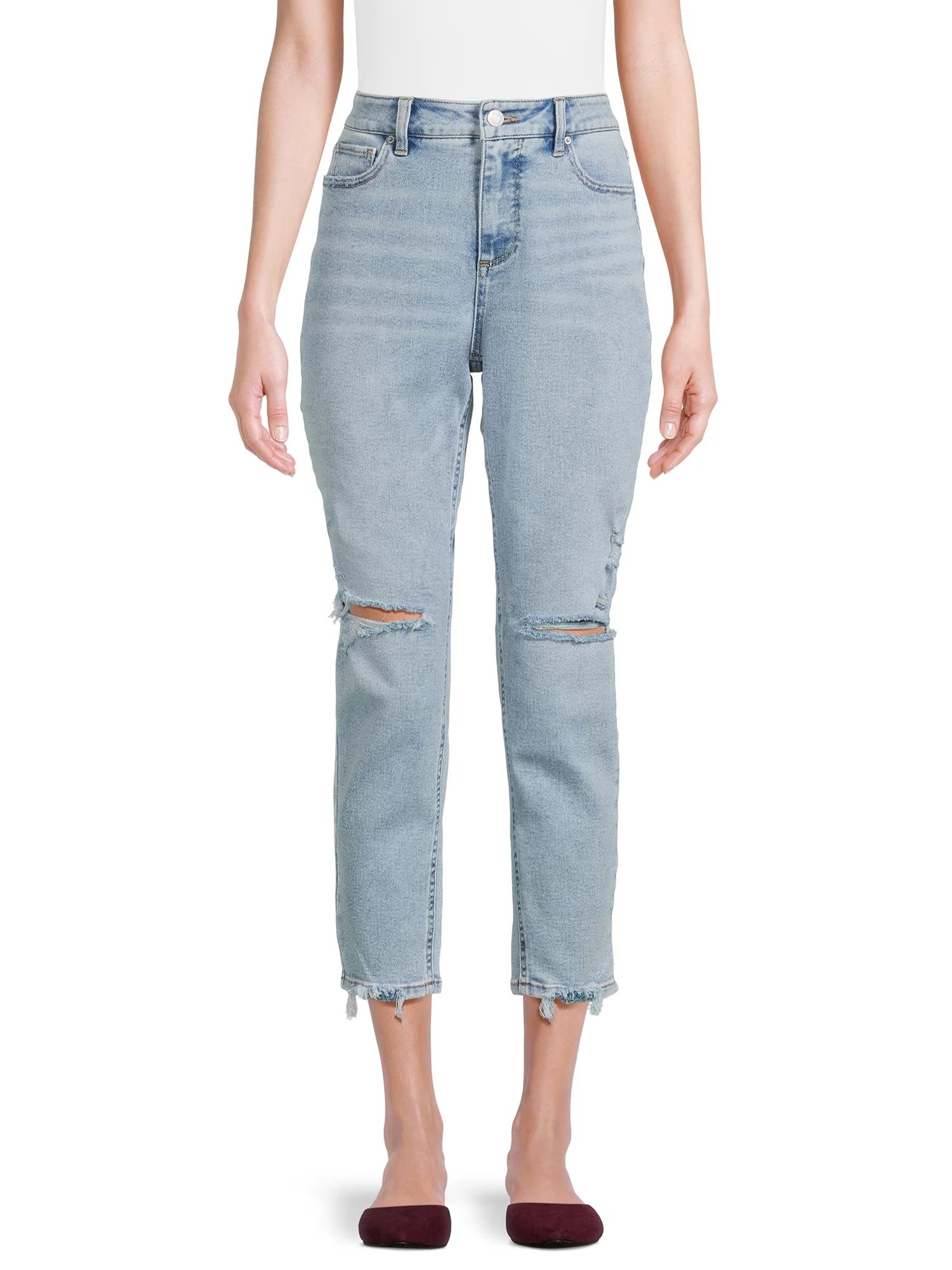 Time and Tru Women's Cropped High Rise Distressed Mom Jeans, 27” Inseam for Regular, Sizes 2-16... | Walmart (US)