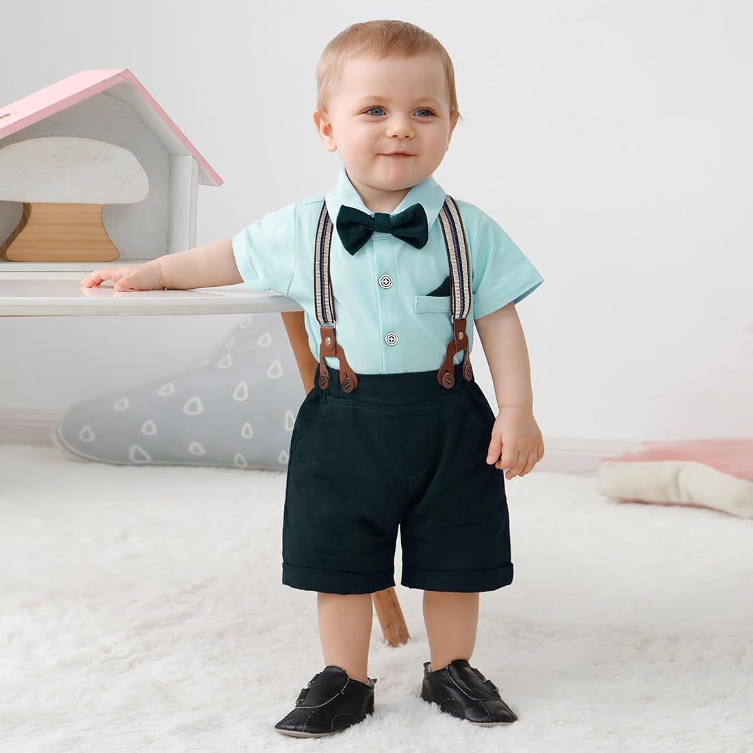 YUEMION Infant Baby Boy Clothes Gentleman Outfits Suits Summer Short Sleeve Bowtie Bodysuit Shirts + | Amazon (US)