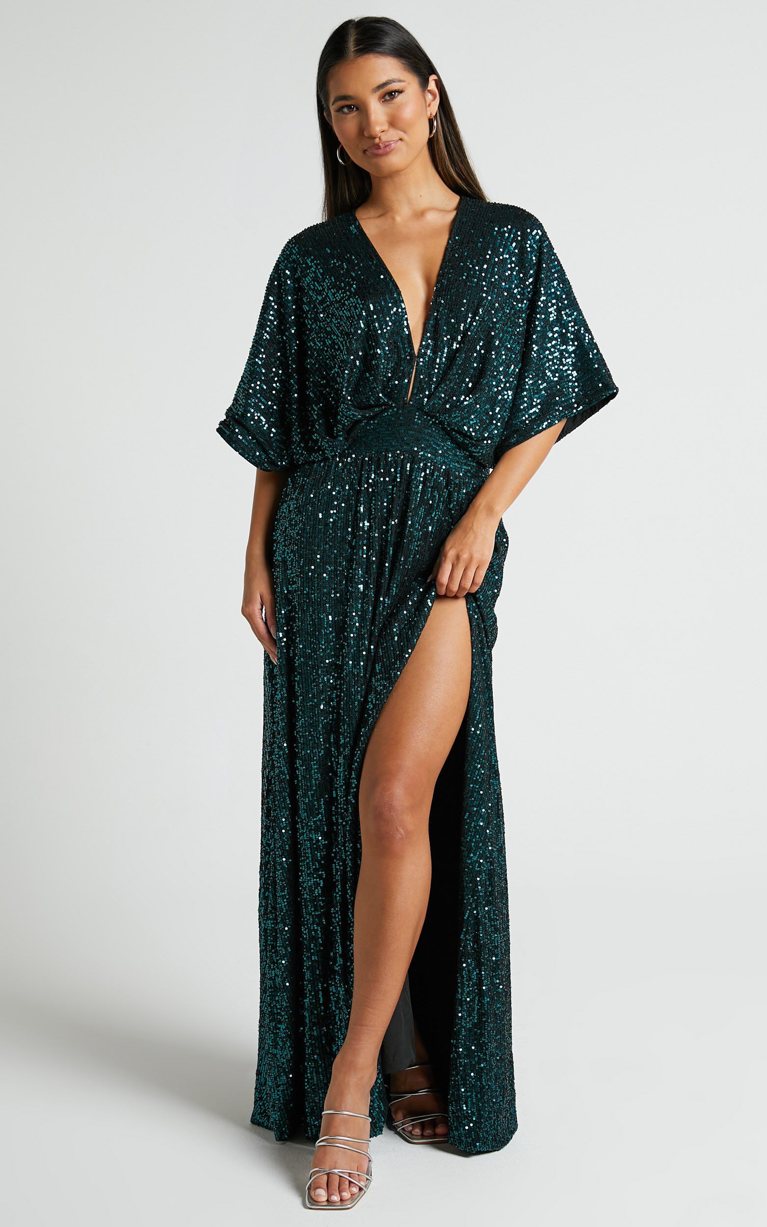 Miyah Maxi Dress - Sequin Plunge Short Sleeve Dress in Emerald | Showpo (US, UK & Europe)