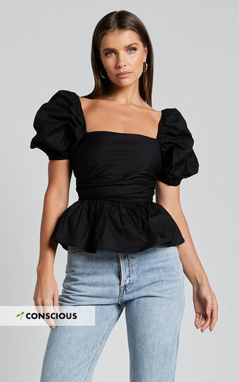 Linda Top - Short Puff Sleeve Peplum in Black | Showpo (US, UK & Europe)