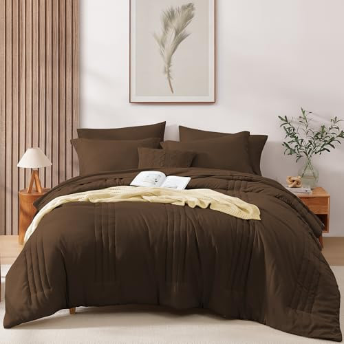 Monbix Queen Comforter Set - 7 Pieces Chocolate Brown Bed in a Bag Queen Size Bedding Sets with Comforters, All Seasons Comforter with Sheets, Pillowcases & Shams | Amazon (US)