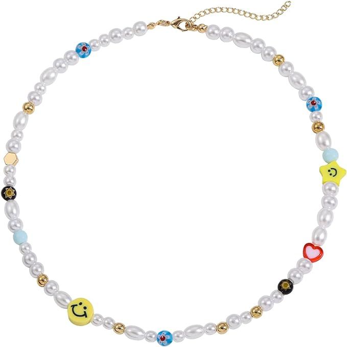 Sloong Y2K Smiley Face Pearl Choker Necklace Summer Rainbow Polymer Clay Vsco Beads Necklace Colo... | Amazon (US)