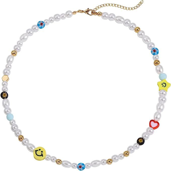 Sloong Y2K Smiley Face Pearl Choker Necklace Summer Rainbow Polymer Clay Vsco Beads Necklace Colo... | Amazon (US)