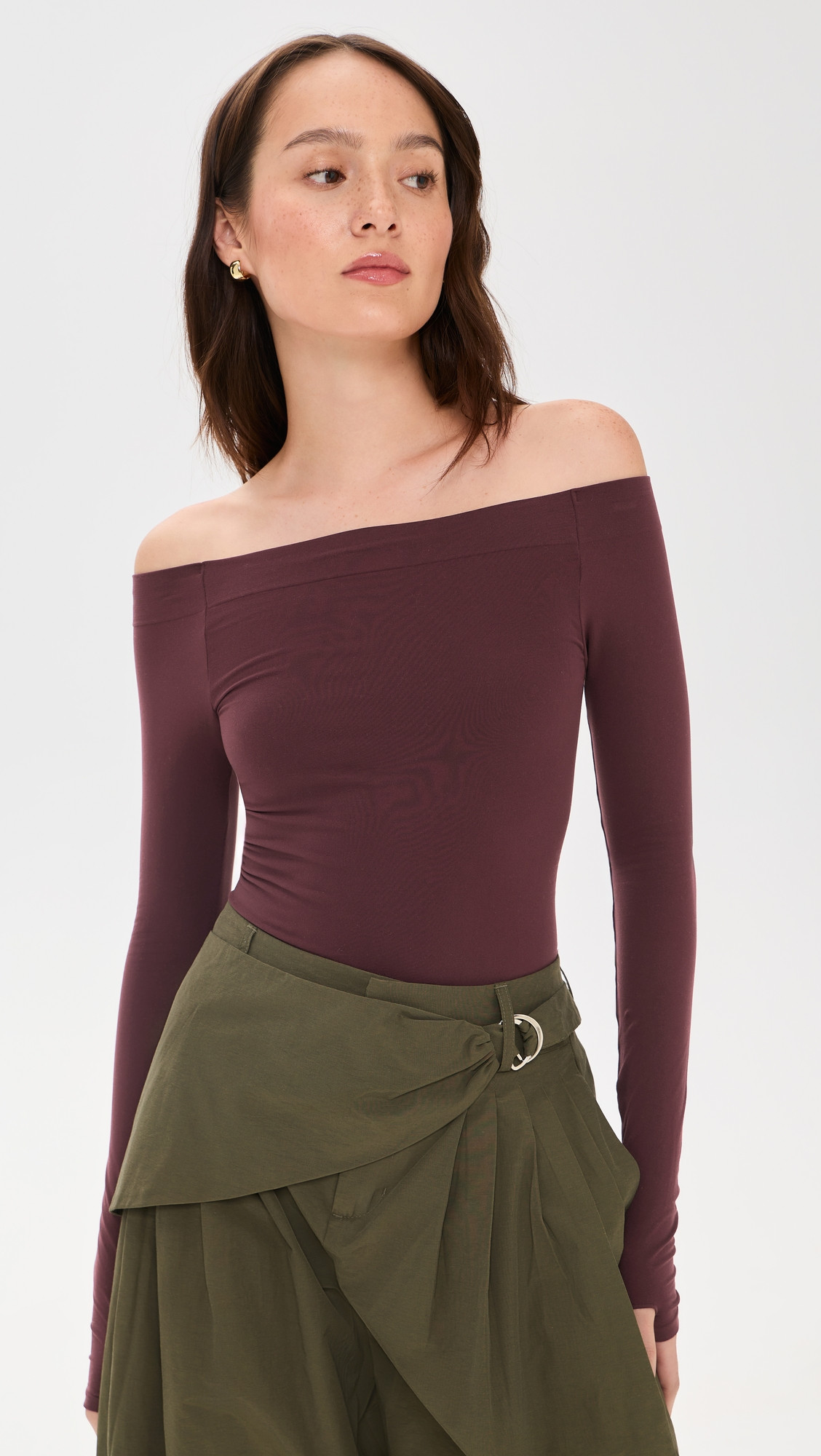 Commando Ballet Off Shoulder Bodysuit with Thumbholes Raisin One Size | Shopbop