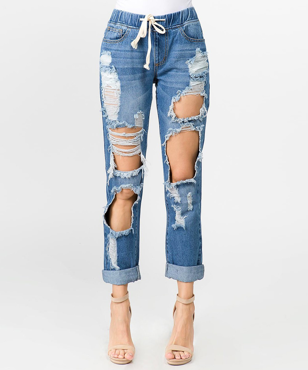 American Bazi Women's Denim Pants and Jeans - Blue Distressed Denim Joggers - Women | Zulily