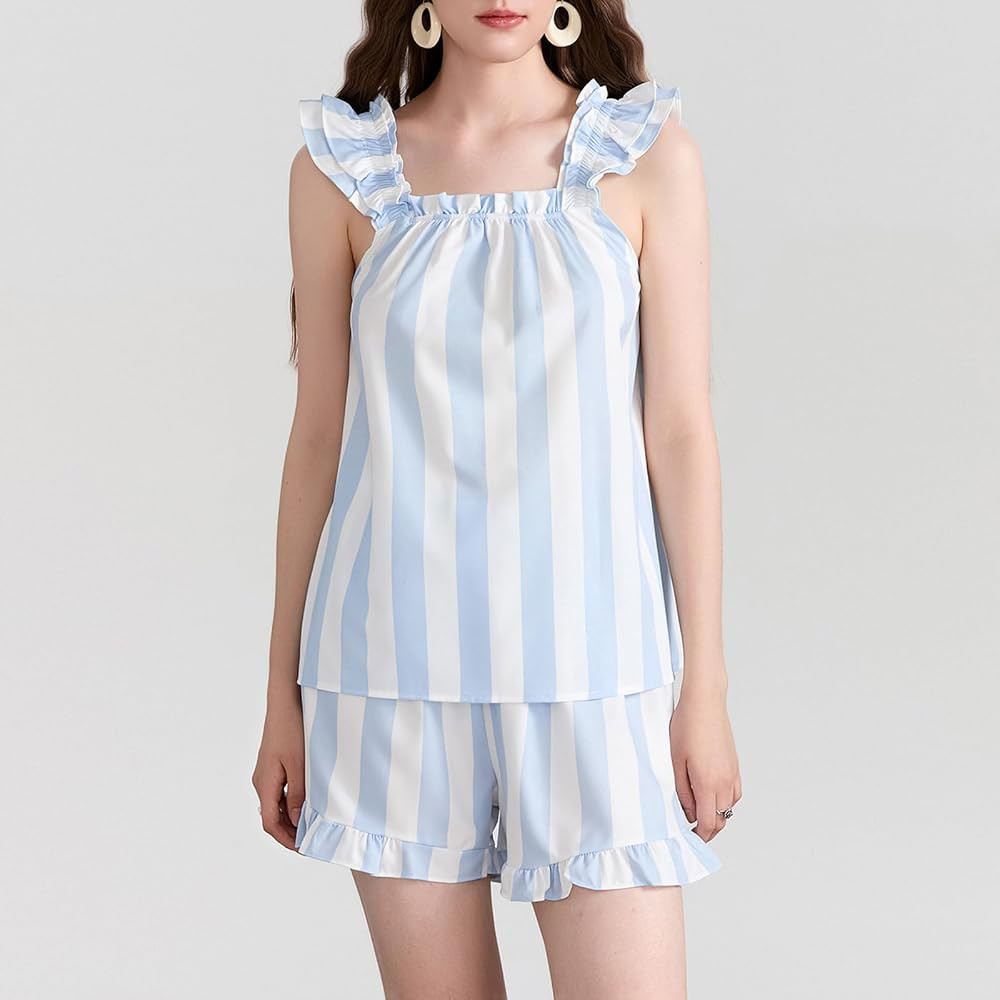 Aopwsrlyi Women's Summer Pajama Set Cute Ruffle Trim Cami Tank Top and Casual Shorts Set 2 Piece ... | Amazon (US)