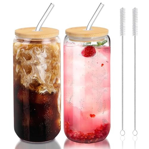 DAMCONME 20 Oz Glass Cups with Lids and Straws 2Pcs,Glass Iced Coffee Cups,20 Oz Glass Tumbler,Glass with Bamboo Lid and Straw for Smoothie,Cocktail Beer, Whiskey,Soda(2 Clean Brush) | Amazon (US)