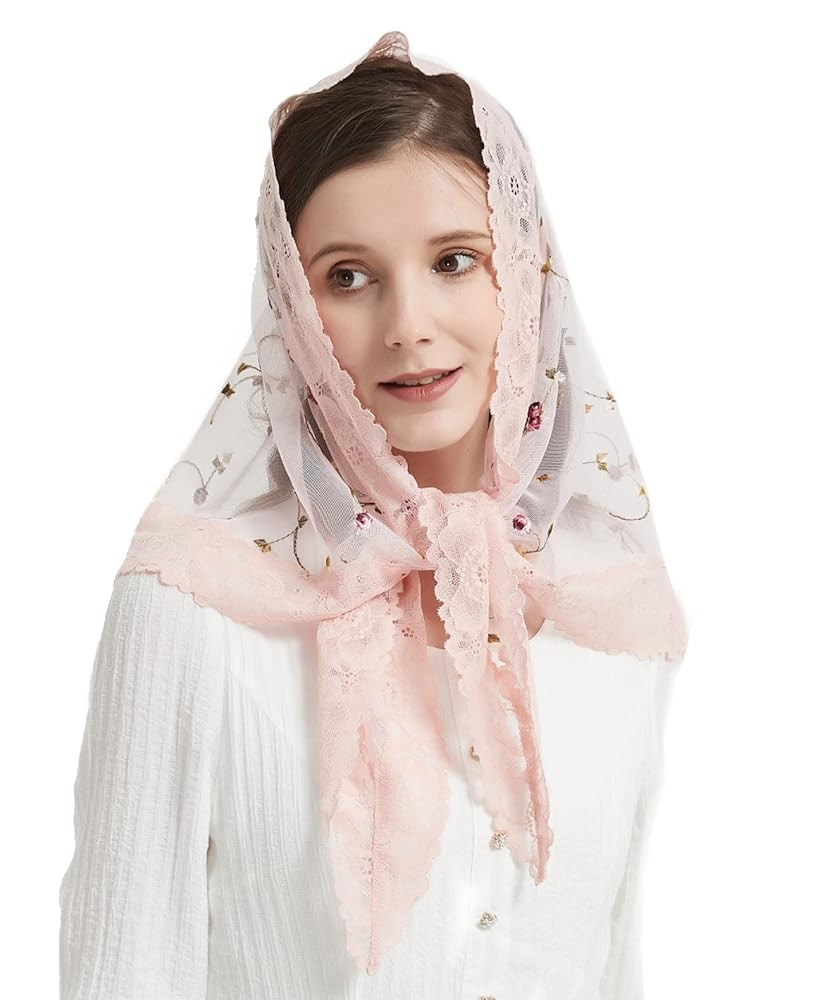 Triangle Chapel Mantilla Lace Rose Embroidery Navy Pink Ivory Veil - Latin Mass M6 | Amazon (US)