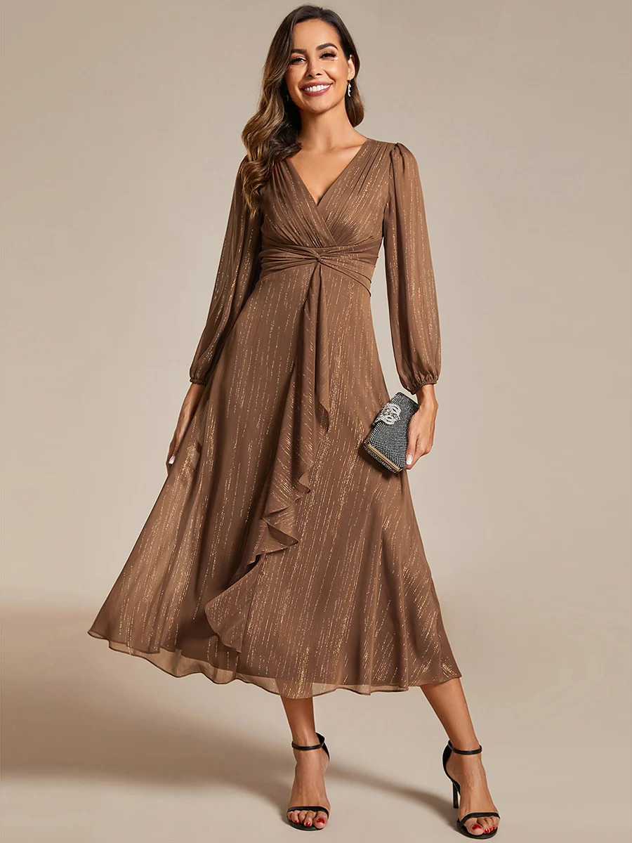ever EMBER|See-Through Long Sleeve Twist Knot A-Line Lotus Leaf Shimmering Evening Dress | Ever Pretty Garment Inc