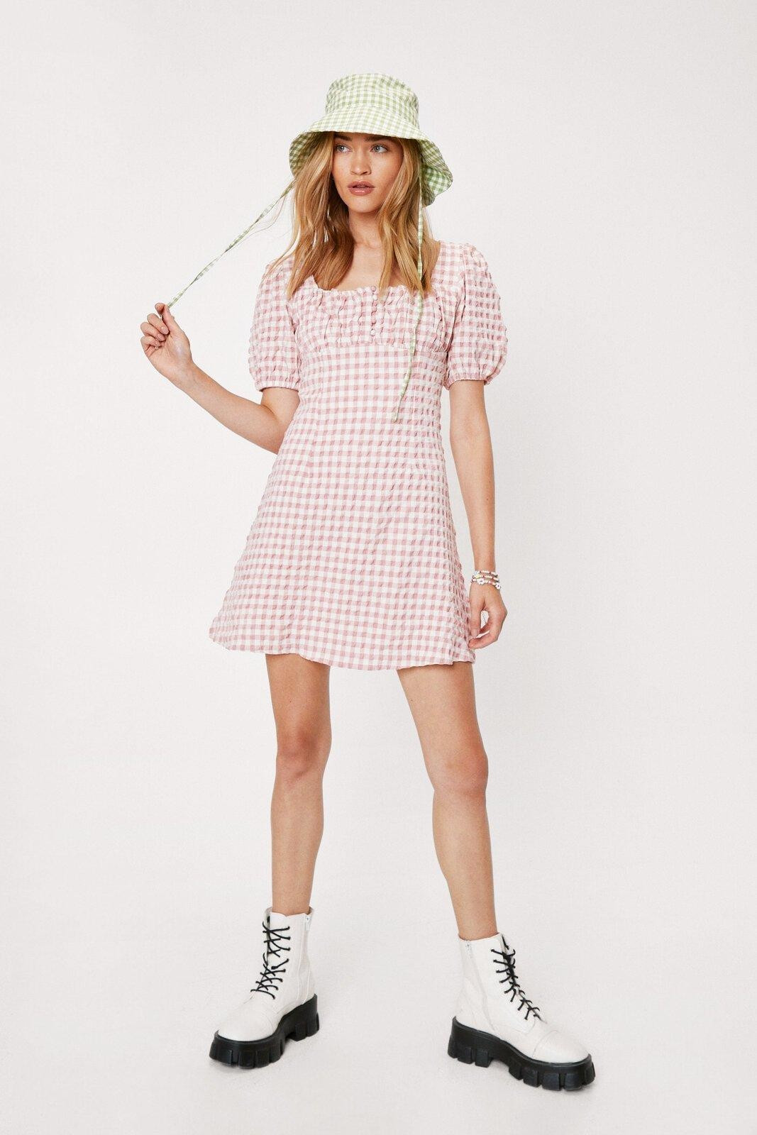 Ruched Bust Gingham Puff Sleeve Mini Dress | Nasty Gal (US)