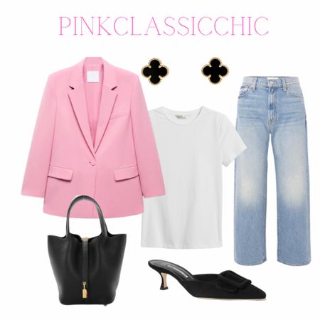 Pink blazer, jeans, white tee, Manolo blahnik heels, black heels, van cleef & arpels, Picotin bag, work looks, work styles, work outfits 

#LTKBacktoSchool #LTKworkwear #LTKunder50