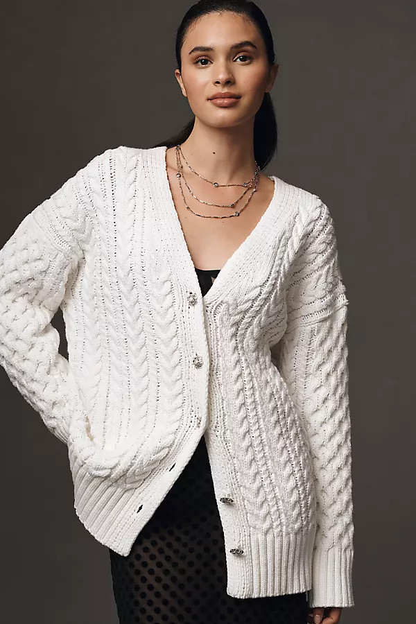 Endless Rose Oversized V-Neck Cable-Knit Cardigan Sweater | Anthropologie (US)
