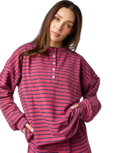 Almere Oversized Cotton Henley Longsleeve Tee, Striped Button Down, Boyfriend Fit | Amazon (US)