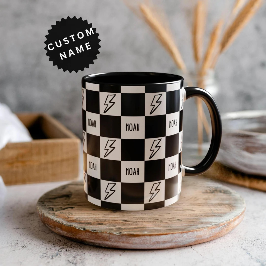 Checkered Mug Personalized Coffee Mug Custom Name Gift Idea Under 20 Checkered Cup Custom Name Mu... | Etsy (US)