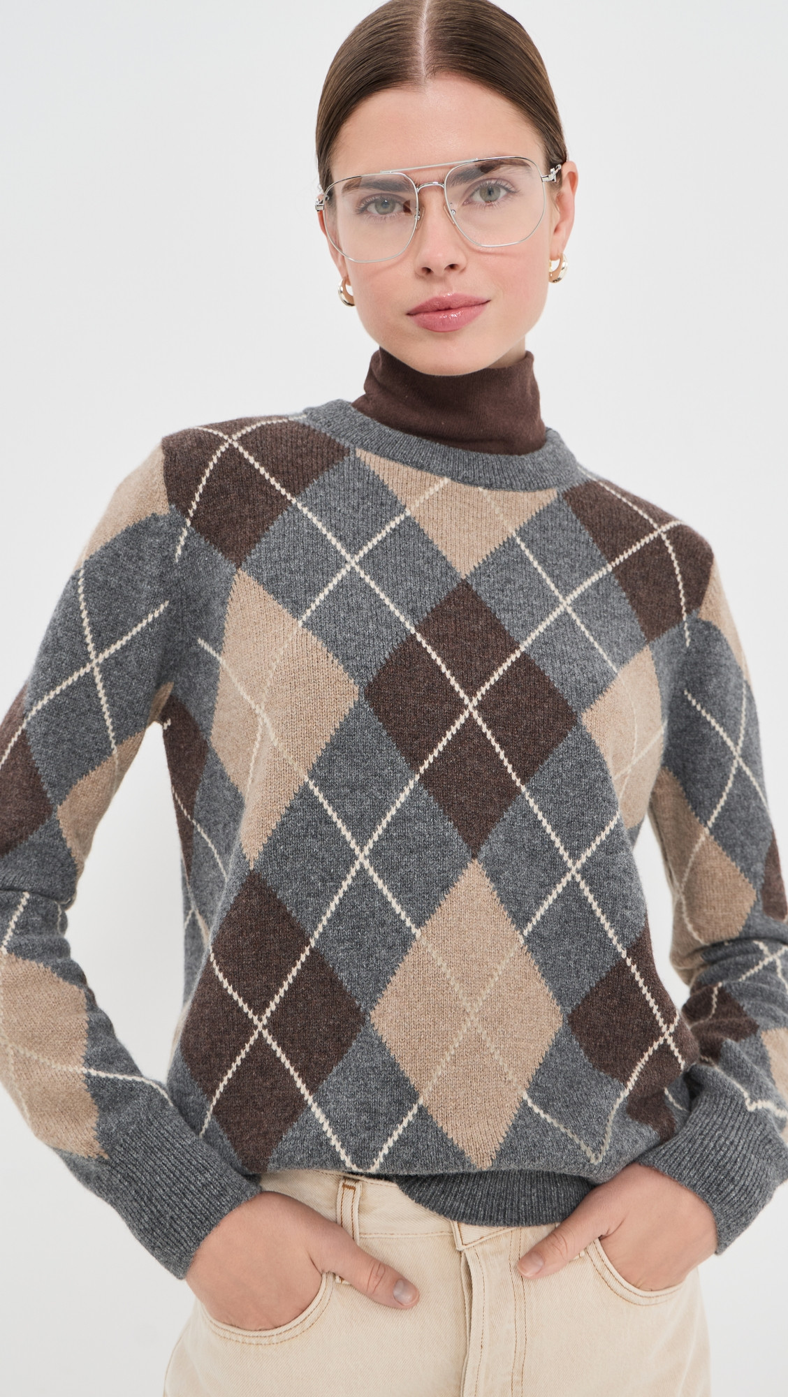 &Daughter The Ava Argyle Crewneck Derby Grey/Porcupine/Dark Natural XL | Shopbop