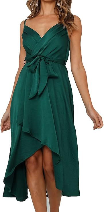 Alvnpin Womens Dresses Spring Satin Straps Sleeveless V Neck Draped Elastic High Waist Wrap Midi ... | Amazon (US)