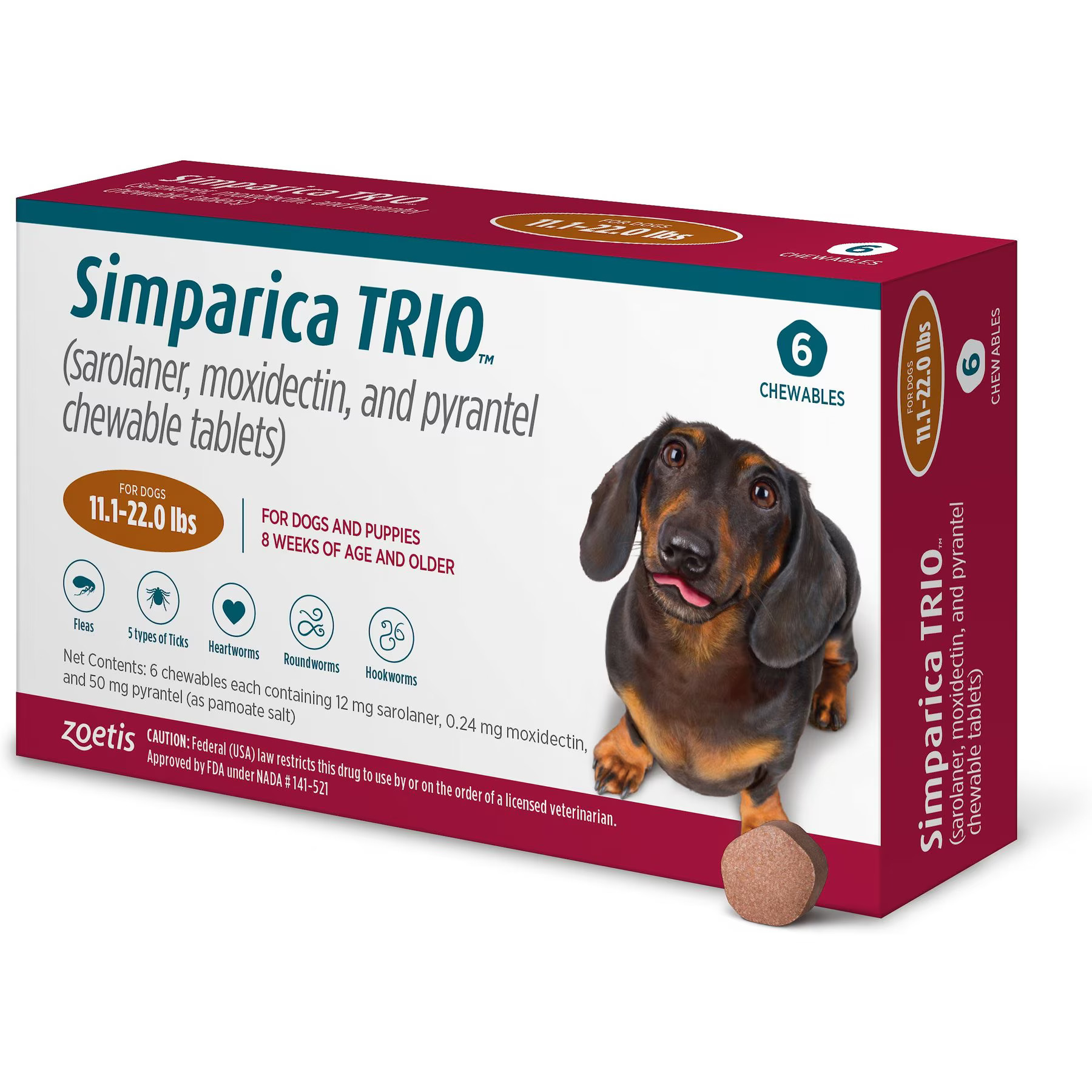 SIMPARICA TRIO Chewable Tablet for Dogs, 11.1-22.0 lbs, (Caramel Box), 6 Chewable Tablets (6-mos.... | Chewy.com