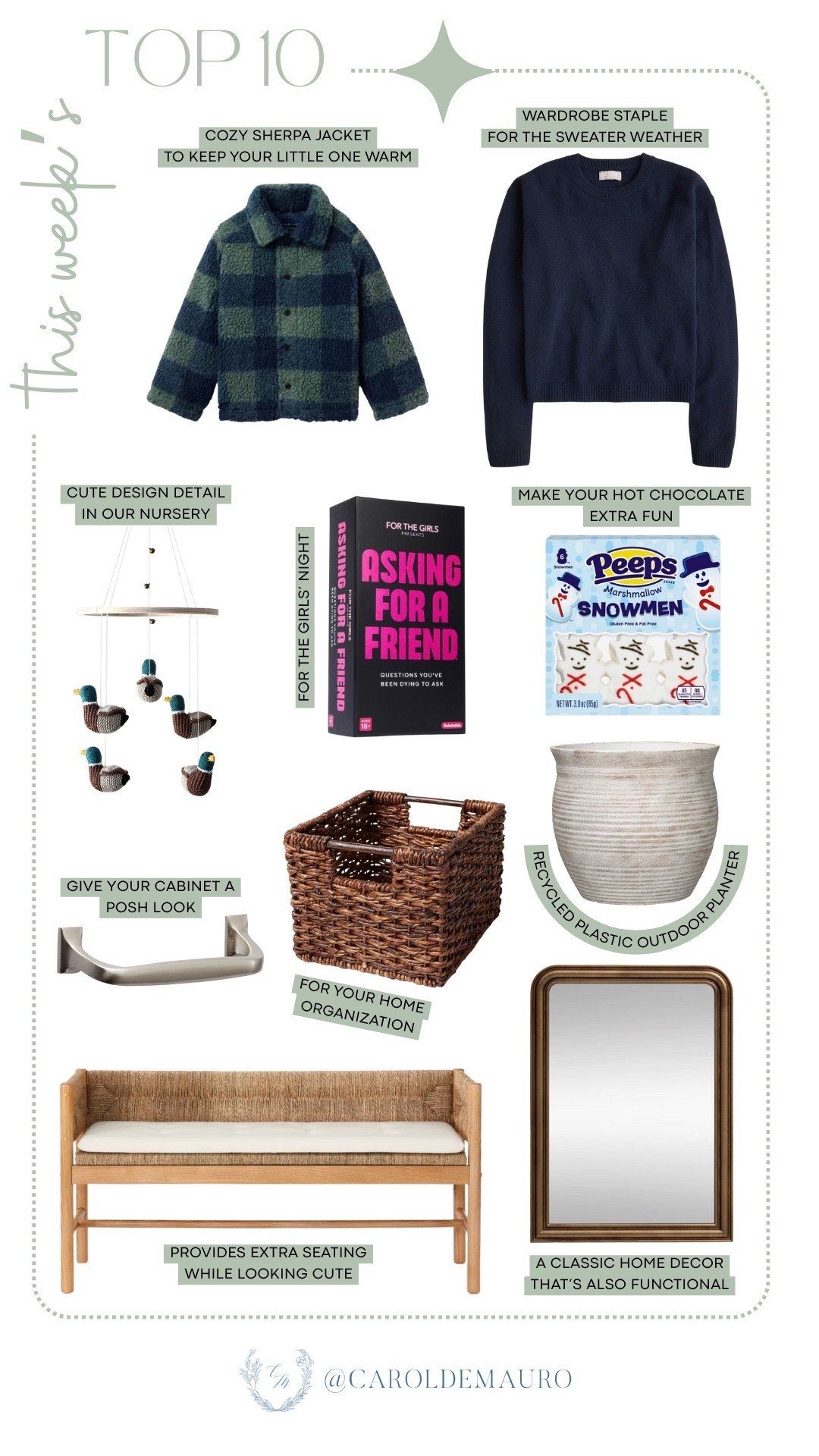 Rounding up this week’s Top 10! Refresh your look and space from the coziest cashmere sweater, sherpa jacket for the little ones, to that gorgeous woven bench, there’s a bit of everything this week!

home decor, furniture finds, nursery refresh, cozy looks, winter fashion, gift guide, organization tips

#LTKBaby #LTKHome #LTKSeasonal
