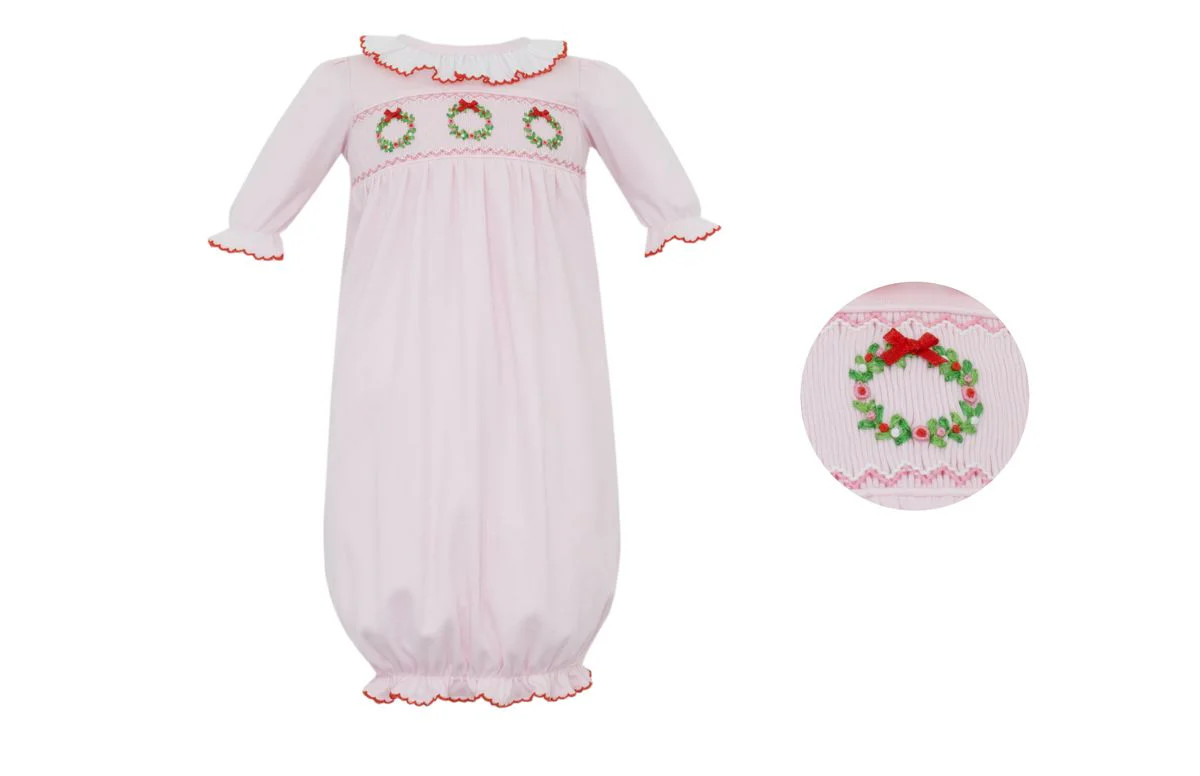Petit Bebe Smocked Gown PRE-ORDER CHRISTMAS WREATH - Pink knit | Persnickety