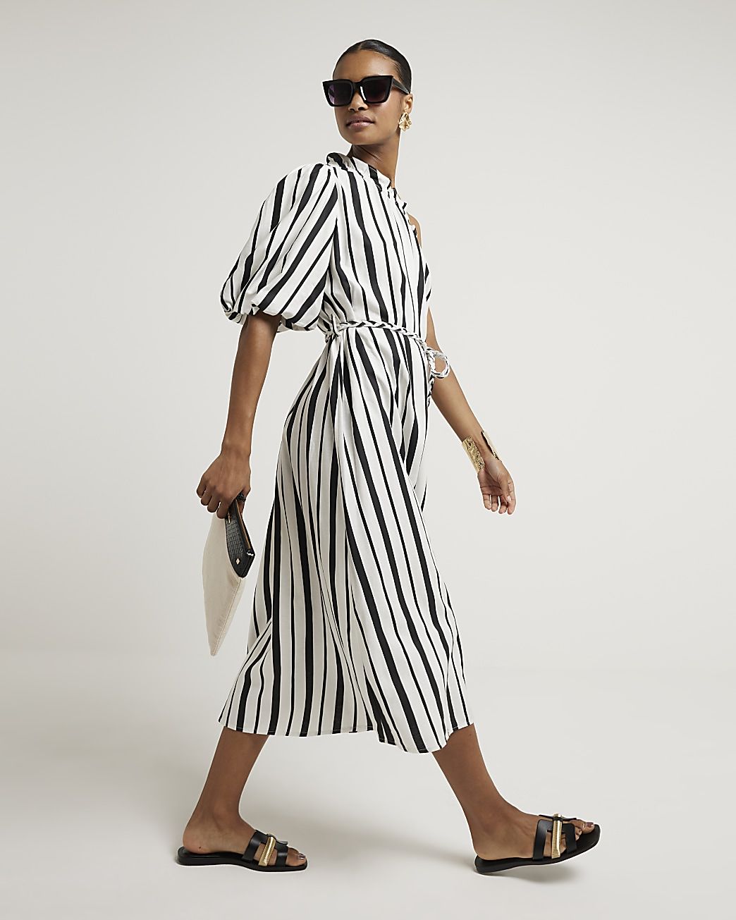 Black linen blend stripe shift midi dress | River Island (UK & IE)