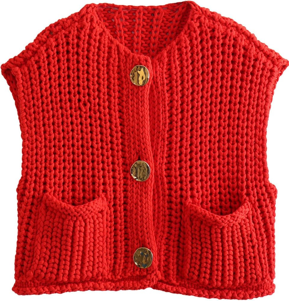 Women's Sleeveless Chunky Knit Top Casual Cropped Button Down Sweater Vest Open Front Cardigan wi... | Amazon (US)