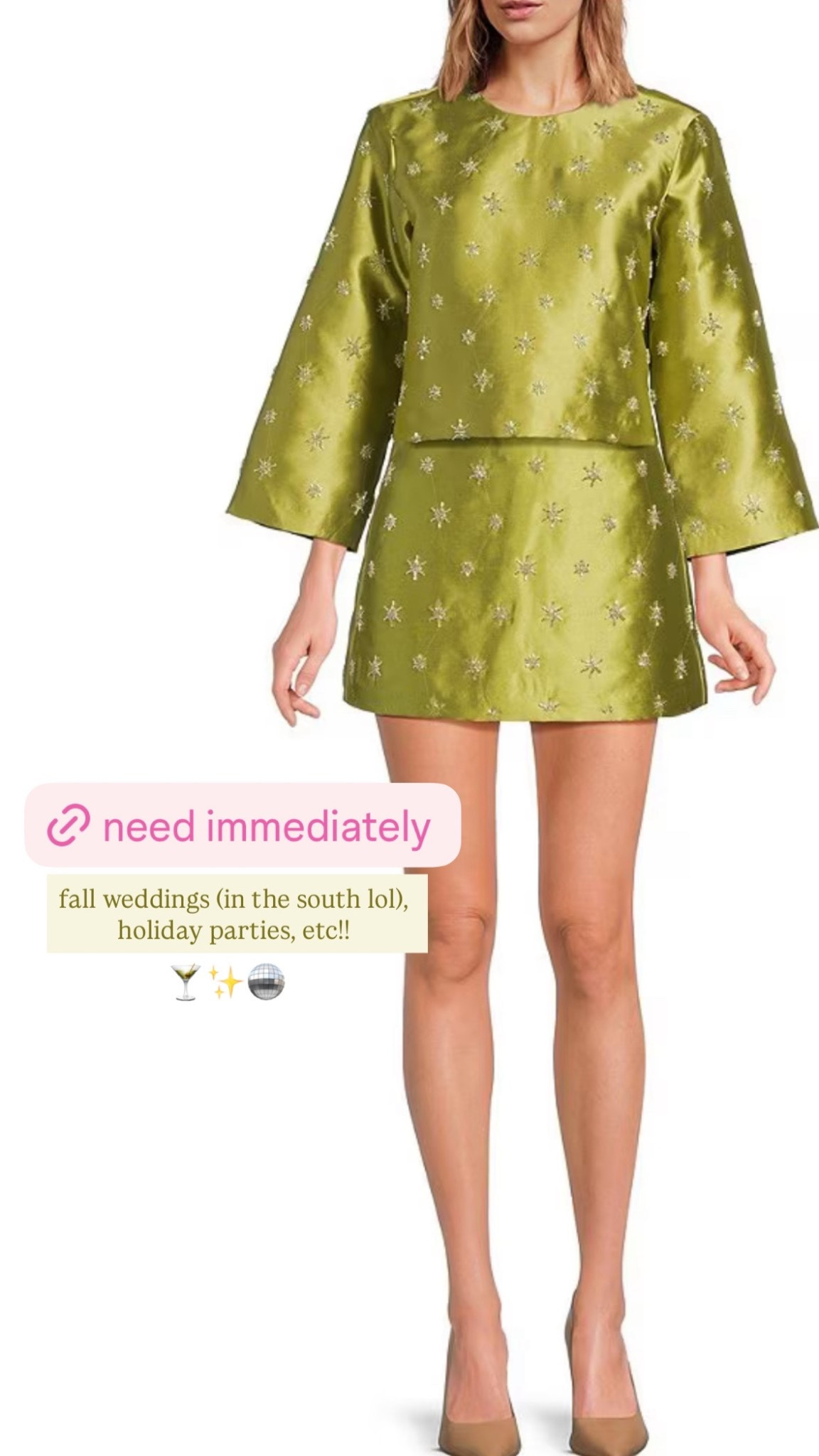 Fall wedding guest dress and holiday party outfit! Green embellished matching set 

#LTKWedding #LTKSeasonal