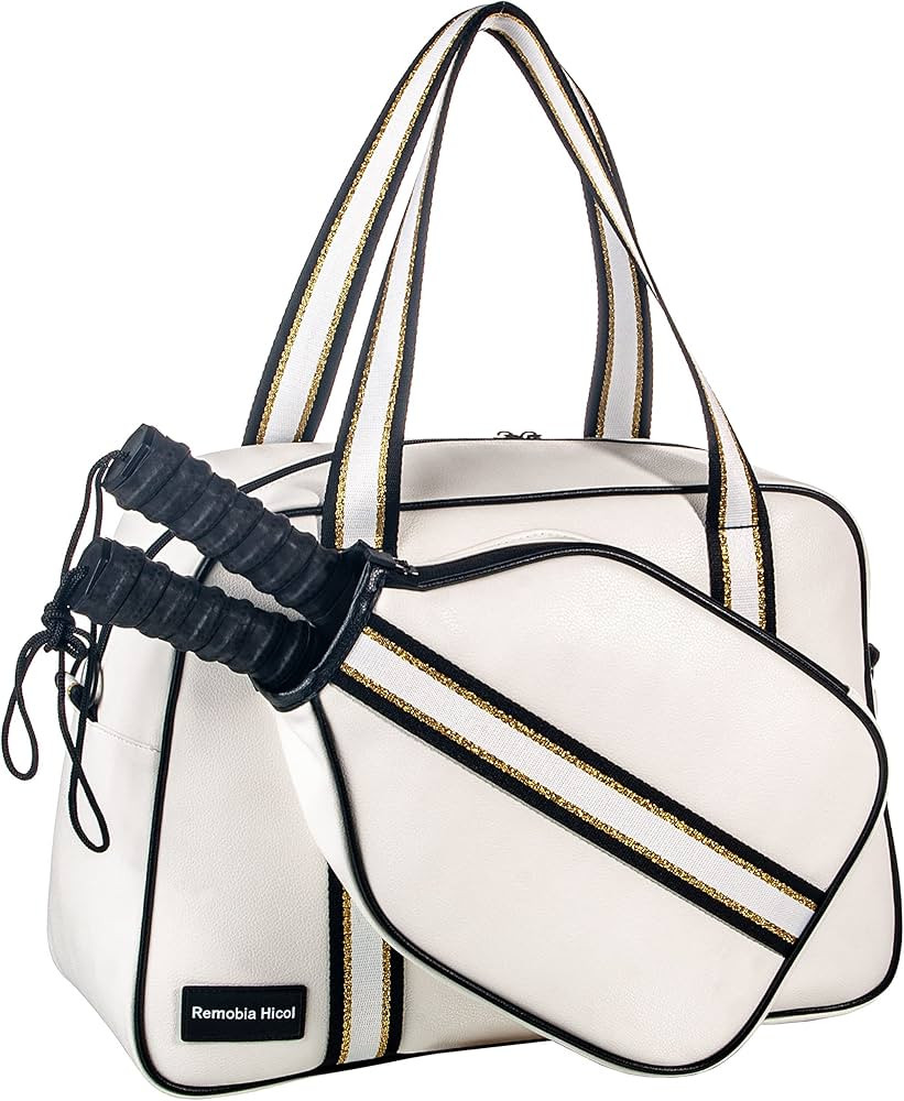 White PU Leather Women Sports Shoulder Gym Bag Pickleball Duffle Bag Pickleball Tote Bag with Fro... | Amazon (US)