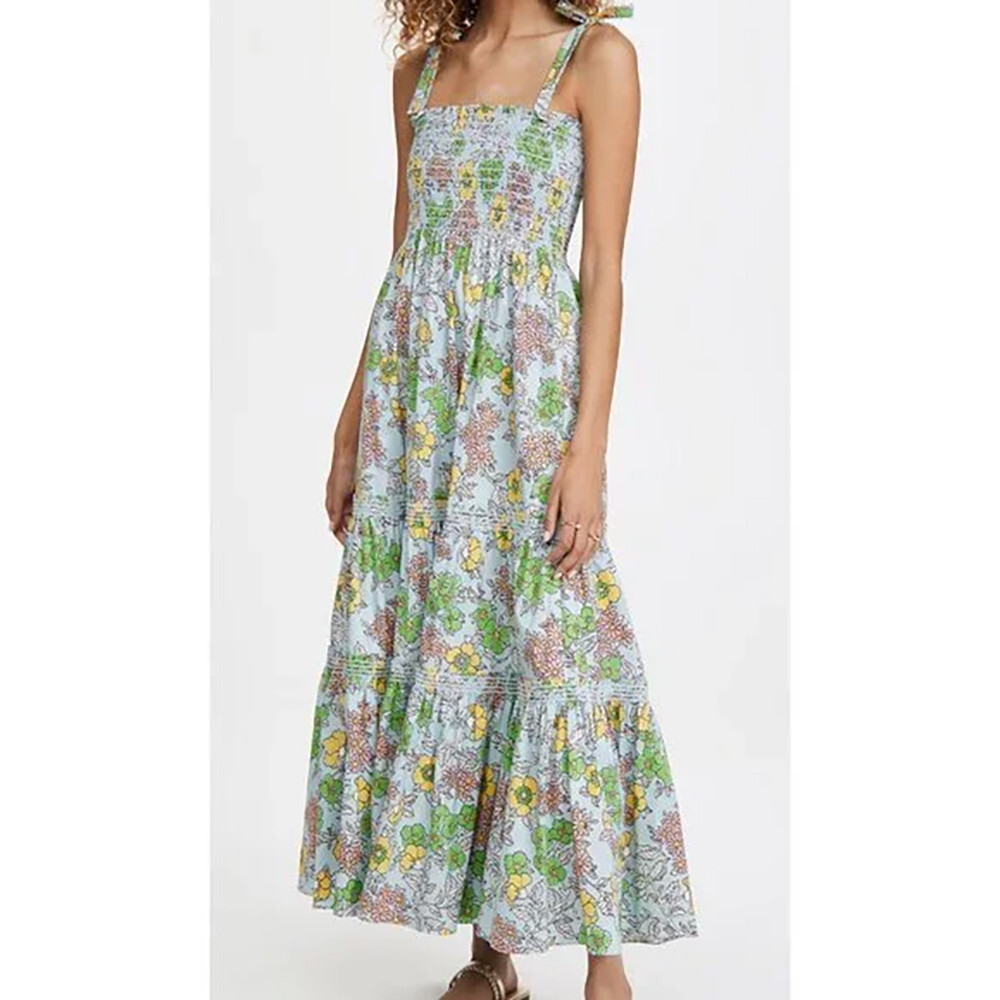 Tory Burch Wallpaper Floral Print Tie Shoulder Dress Blue Smocked Tiered Maxi S  | eBay | eBay US