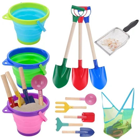 sixwipe 14 Pcs Beach Sand Toy, Collapsible Foldable Beach Sand Buckets and Shovels Set, Beach Toys for Kids with Mesh Bag, Silicone Beach Sand Pails for Travel, Kid, Toddlers | Walmart (US)
