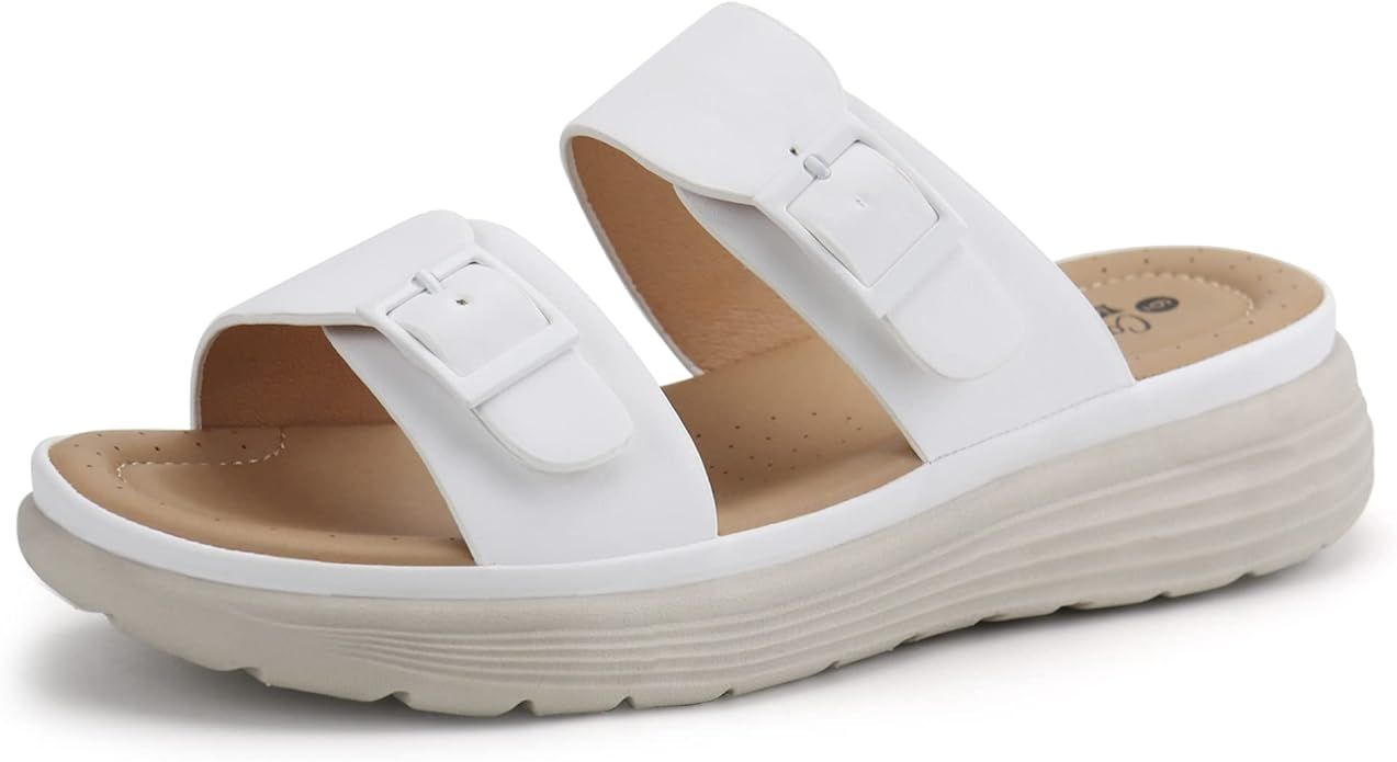 JABASIC Women Slide Sandals Comfortable Adjustable Double Buckle Platform Sandal | Amazon (US)