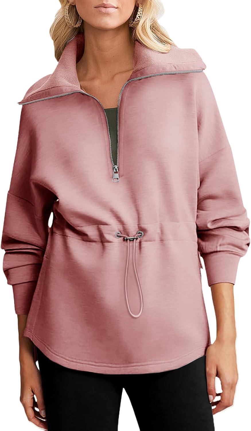 Dokotoo Womens Sweatshirt Oversized Half Zip Up Drawstring Waist Long Sleeve Side Slits Soft Casual Pullover Sweatshirts Tops | Amazon (US)
