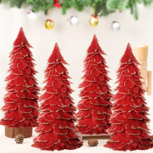 Liliful 4 Pcs Christmas Red Feather Tree with Glitter Tips 12'' Table Top Feather Christmas Tree Xmas Trees Tabletop Decorations Centerpieces for Winter Wedding Party Shelf Home Decor | Amazon (US)