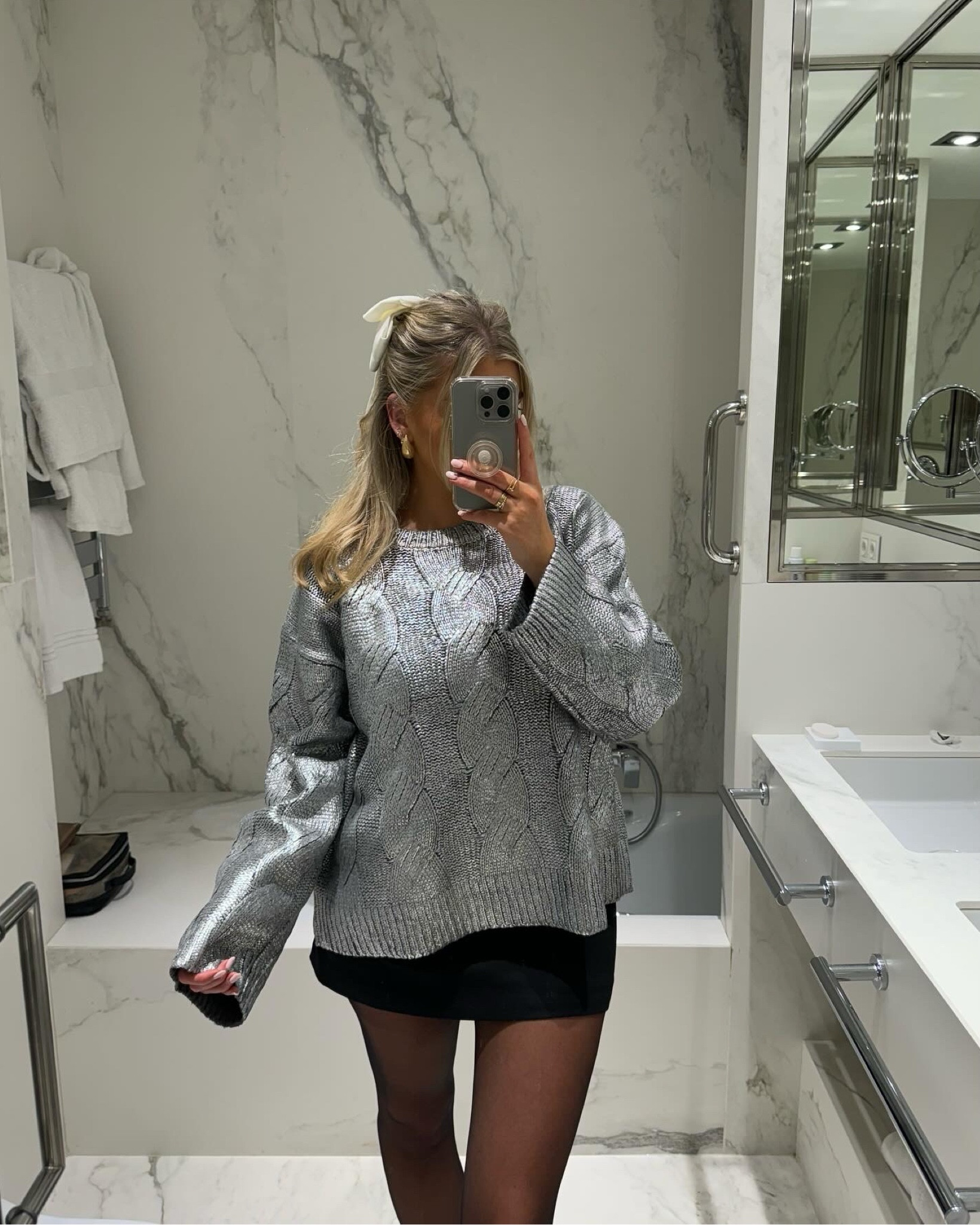 The most beautiful silver metallic knit sweater ✨ Generous fit! I’m wearing a size 12 for ref!! 🤍 #outfitinspo #silverjumper #knitwear #festiveoutfit #metalic 

#LTKGiftGuide #LTKHoliday #LTKmidsize